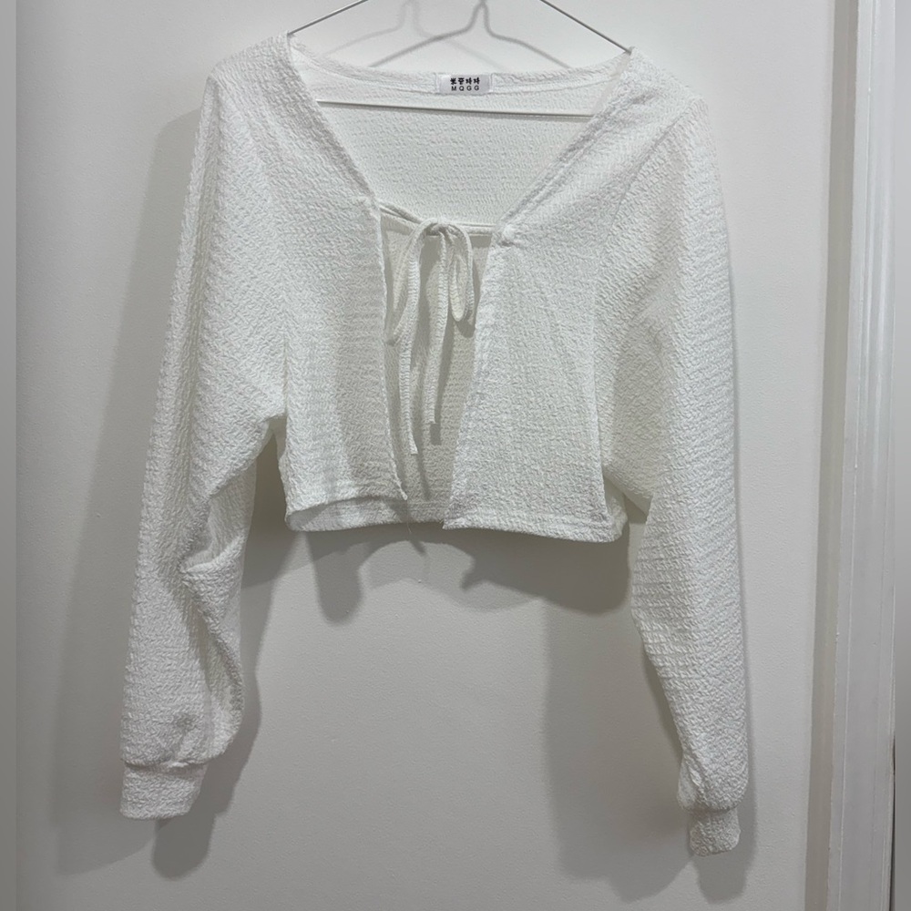 White Sheer Textured Tie-Front Crop Top
